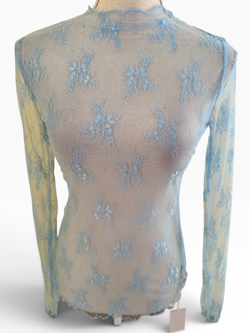 Sewn + Seen Light Blue Mesh Sheer Lace Mock Neck Long Sleeve Top S